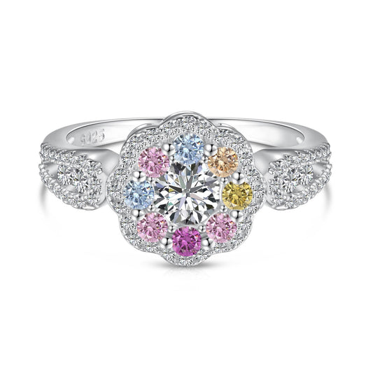 [Hinora Jewelry]Delicate Colorful Round Cut Flower Shape Wedding Ring
