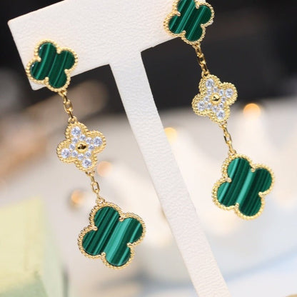 [⭐Hinora Jewelry]CLOVER EARRINGS GOLD MALACHITE DIAMOND 3 MOTIF