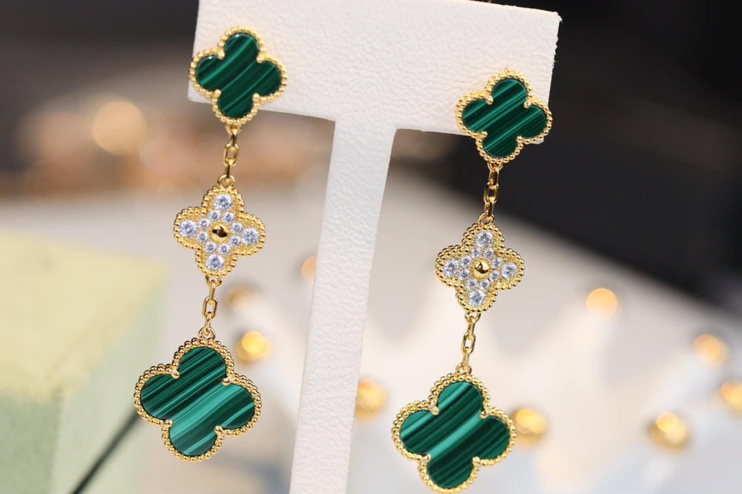 [⭐Hinora Jewelry]CLOVER EARRINGS GOLD MALACHITE DIAMOND 3 MOTIF