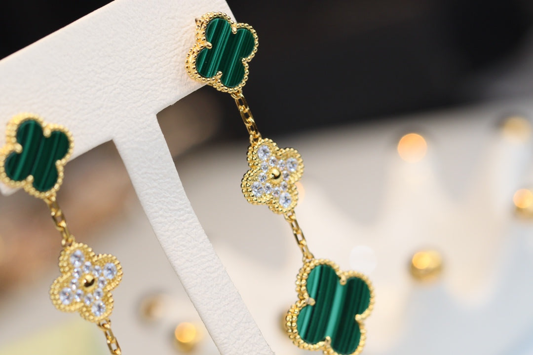 [⭐Hinora Jewelry]CLOVER EARRINGS GOLD MALACHITE DIAMOND 3 MOTIF