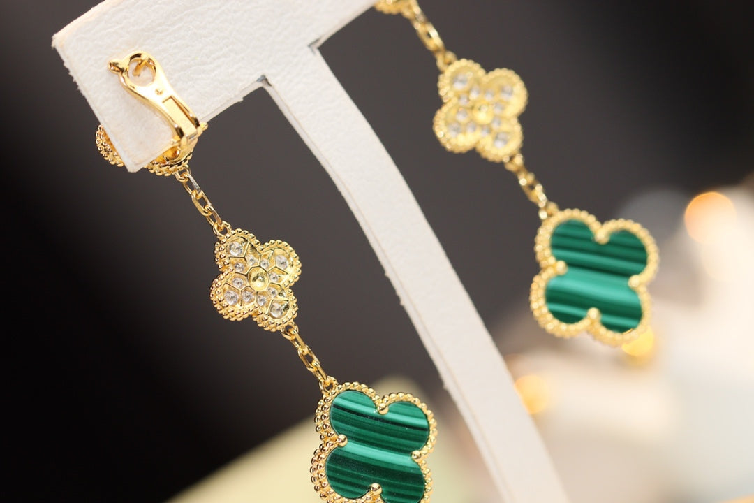 [⭐Hinora Jewelry]CLOVER EARRINGS GOLD MALACHITE DIAMOND 3 MOTIF