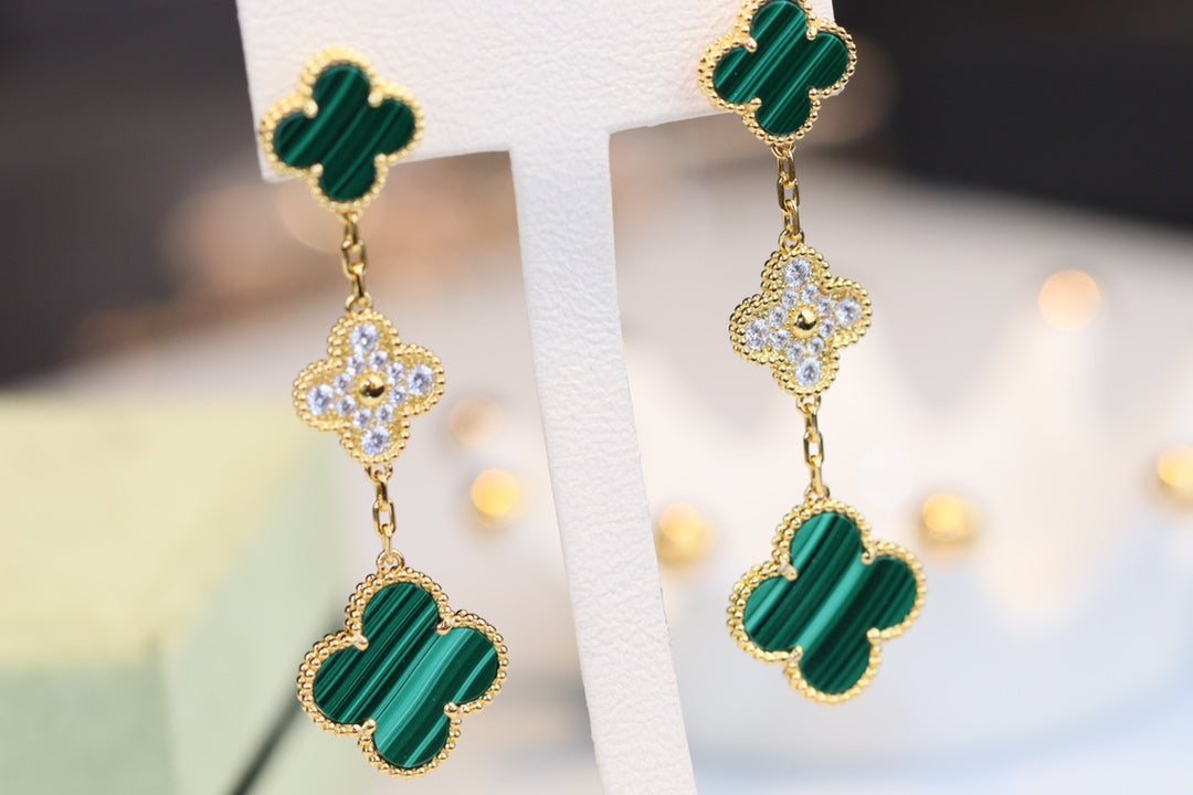 [⭐Hinora Jewelry]CLOVER EARRINGS GOLD MALACHITE DIAMOND 3 MOTIF
