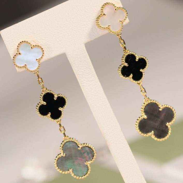 [⭐Hinora Jewelry]CLOVER EARRINGS GOLD ONYX MOP 3 MOTIF