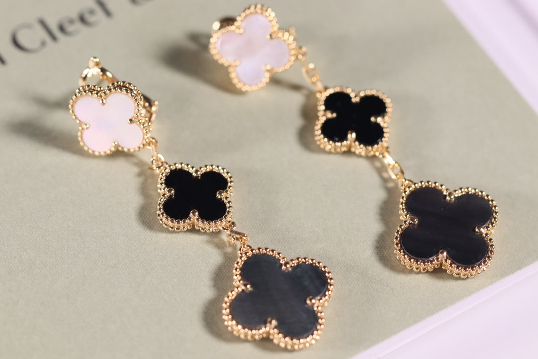 [⭐Hinora Jewelry]CLOVER EARRINGS GOLD ONYX MOP 3 MOTIF
