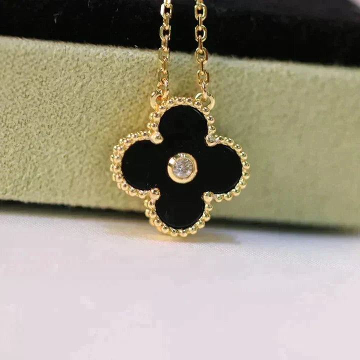 [⭐Hinora Jewelry]CLOVER 15MM DIAMOND ONYX NECKLACE