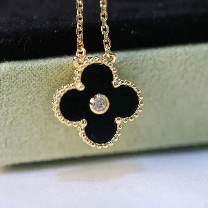 [⭐Hinora Jewelry]CLOVER 15MM DIAMOND ONYX NECKLACE