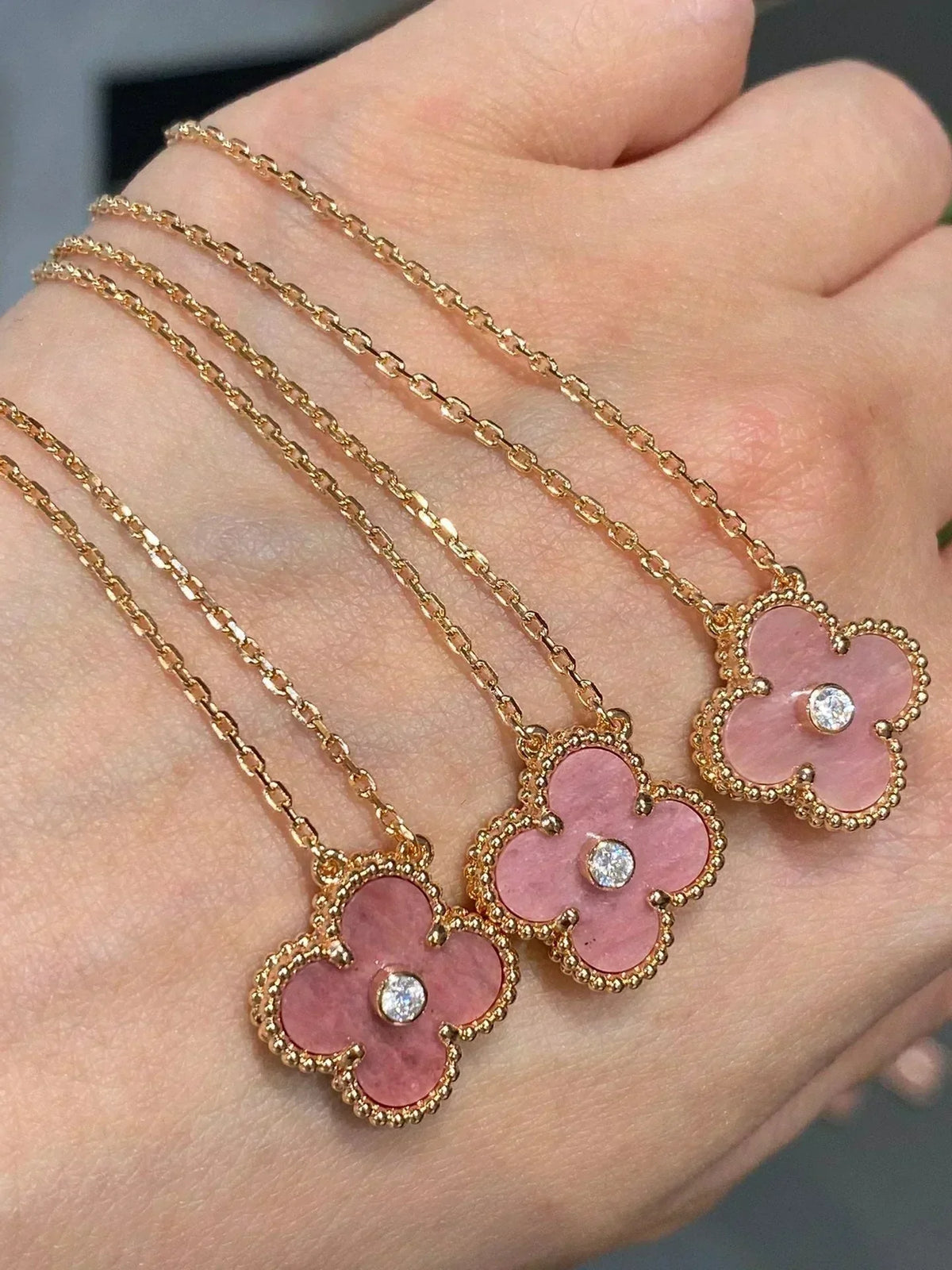 [⭐Hinora Jewelry]CLOVER 15MM DIAMOND RHODONITE NECKLACE