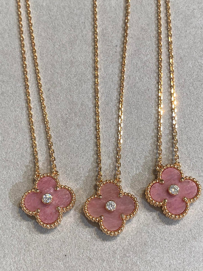 [⭐Hinora Jewelry]CLOVER 15MM DIAMOND RHODONITE NECKLACE