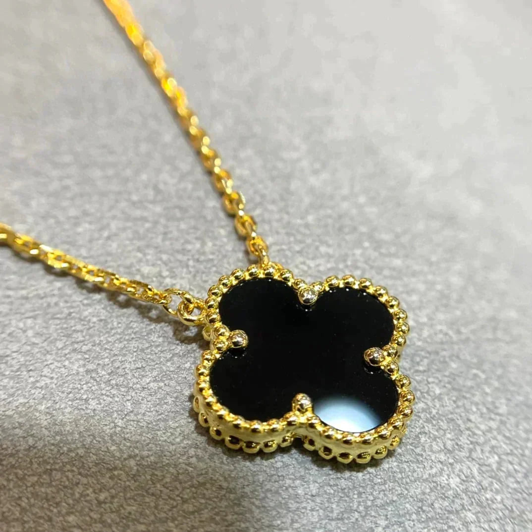 [⭐Hinora Jewelry]CLOVER 15MM BLACK ONYX SINGLE FLOWER NECKLACE