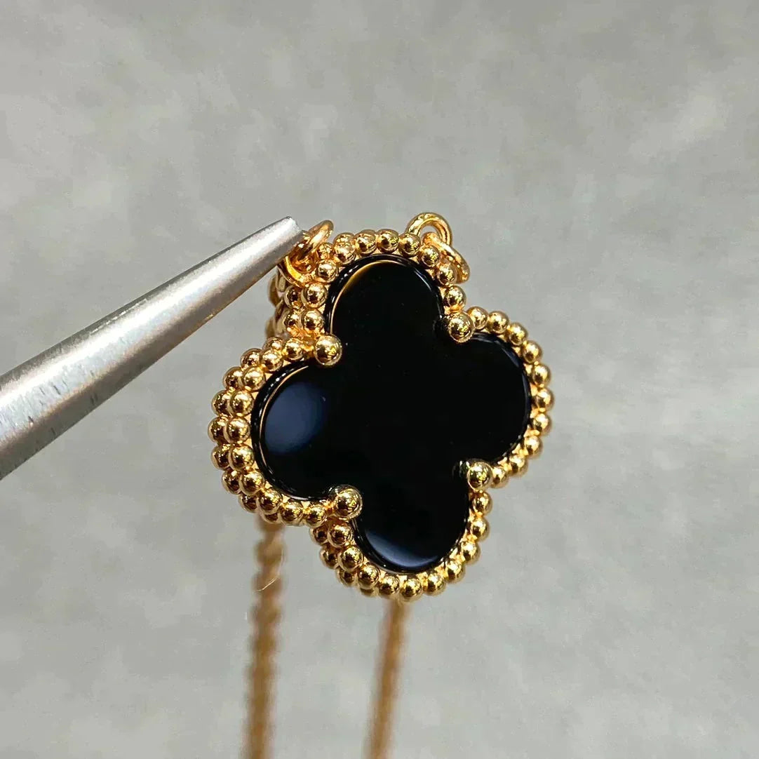 [⭐Hinora Jewelry]CLOVER 15MM BLACK ONYX SINGLE FLOWER NECKLACE
