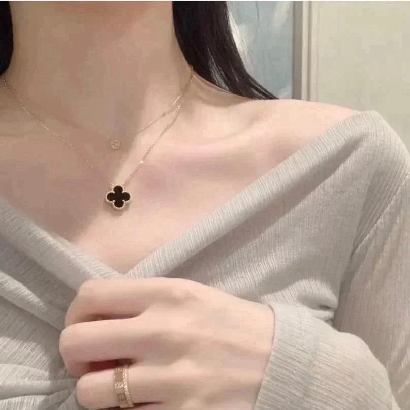 [⭐Hinora Jewelry]CLOVER 15MM BLACK ONYX SINGLE FLOWER NECKLACE