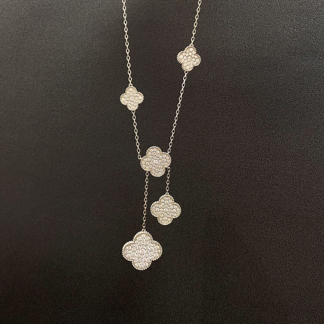 [⭐Hinora Jewelry]CLOVER 5 MOTIFS SILVER DIAMONDS NECKLACE