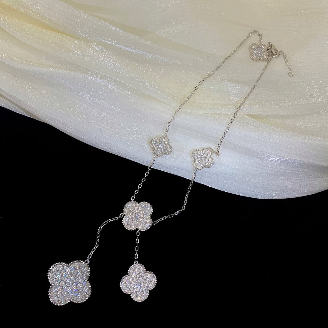 [⭐Hinora Jewelry]CLOVER 5 MOTIFS SILVER DIAMONDS NECKLACE