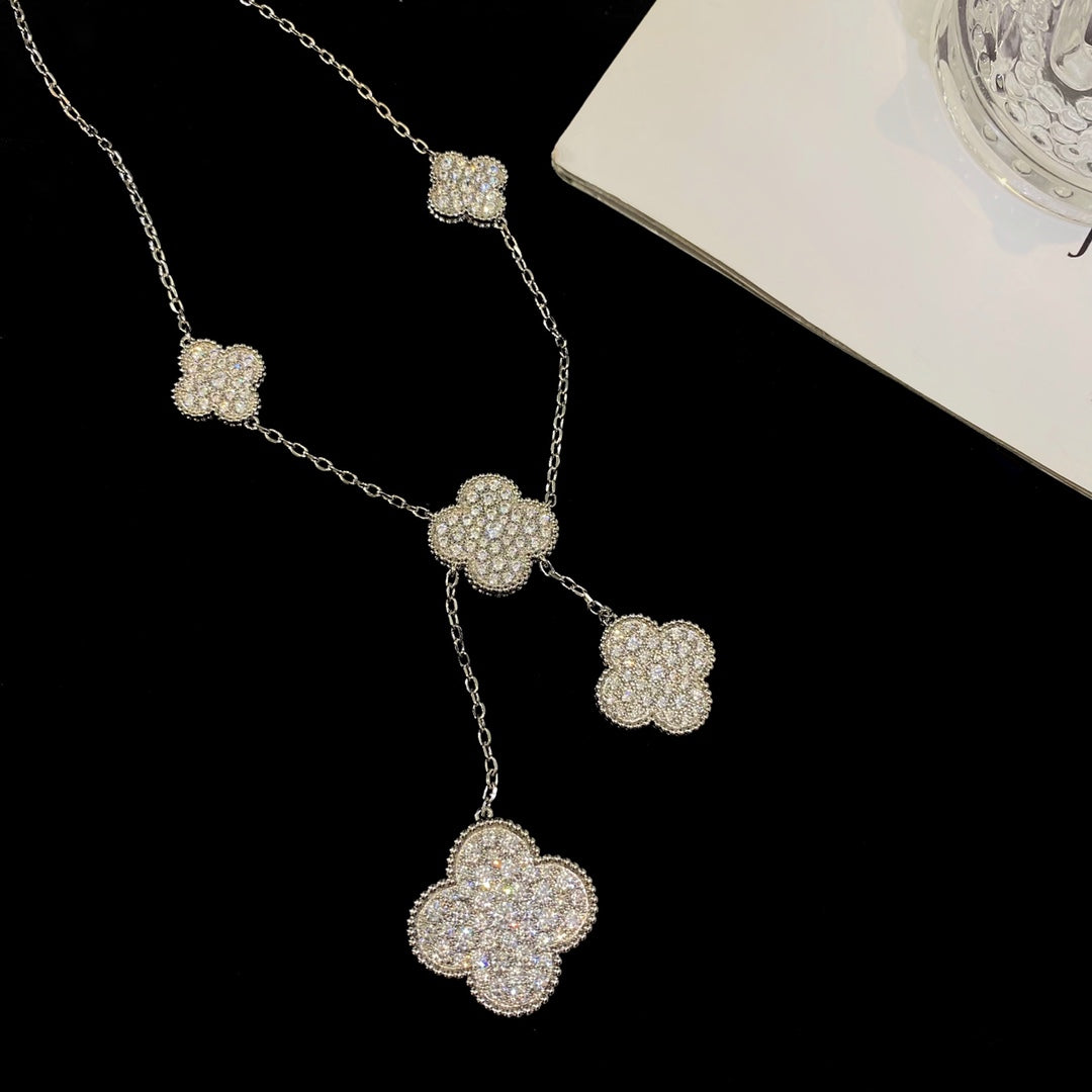 [⭐Hinora Jewelry]CLOVER 5 MOTIFS SILVER DIAMONDS NECKLACE