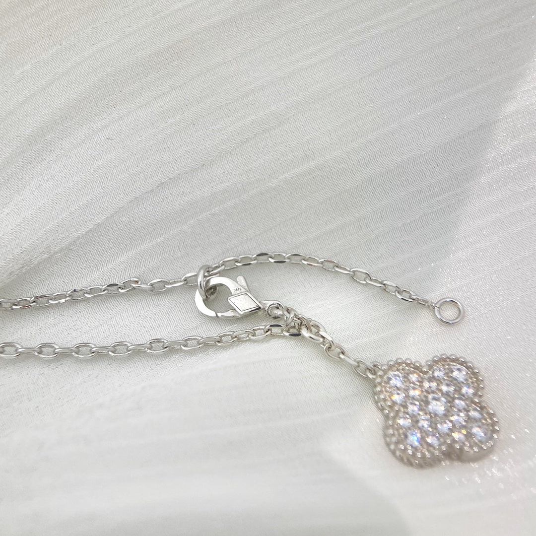 [⭐Hinora Jewelry]CLOVER 5 MOTIFS SILVER DIAMONDS NECKLACE
