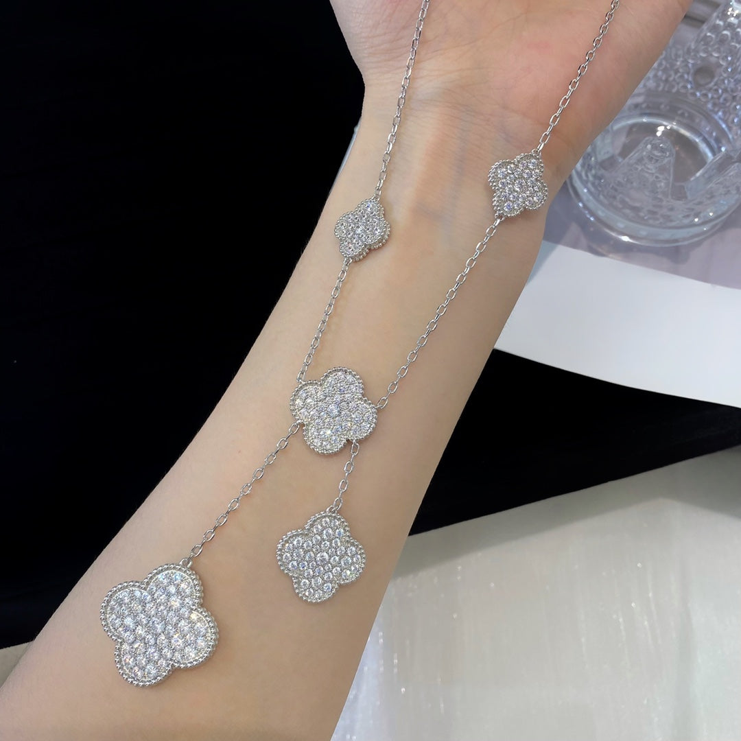 [⭐Hinora Jewelry]CLOVER 5 MOTIFS SILVER DIAMONDS NECKLACE