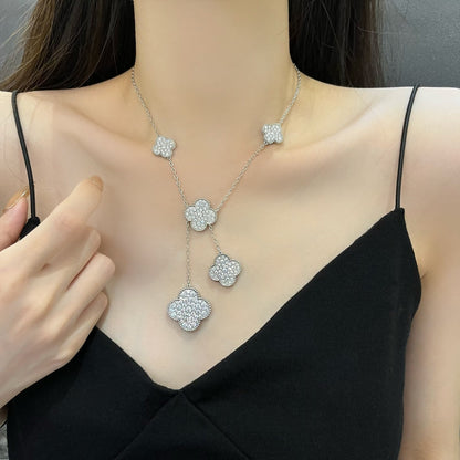 [⭐Hinora Jewelry]CLOVER 5 MOTIFS SILVER DIAMONDS NECKLACE