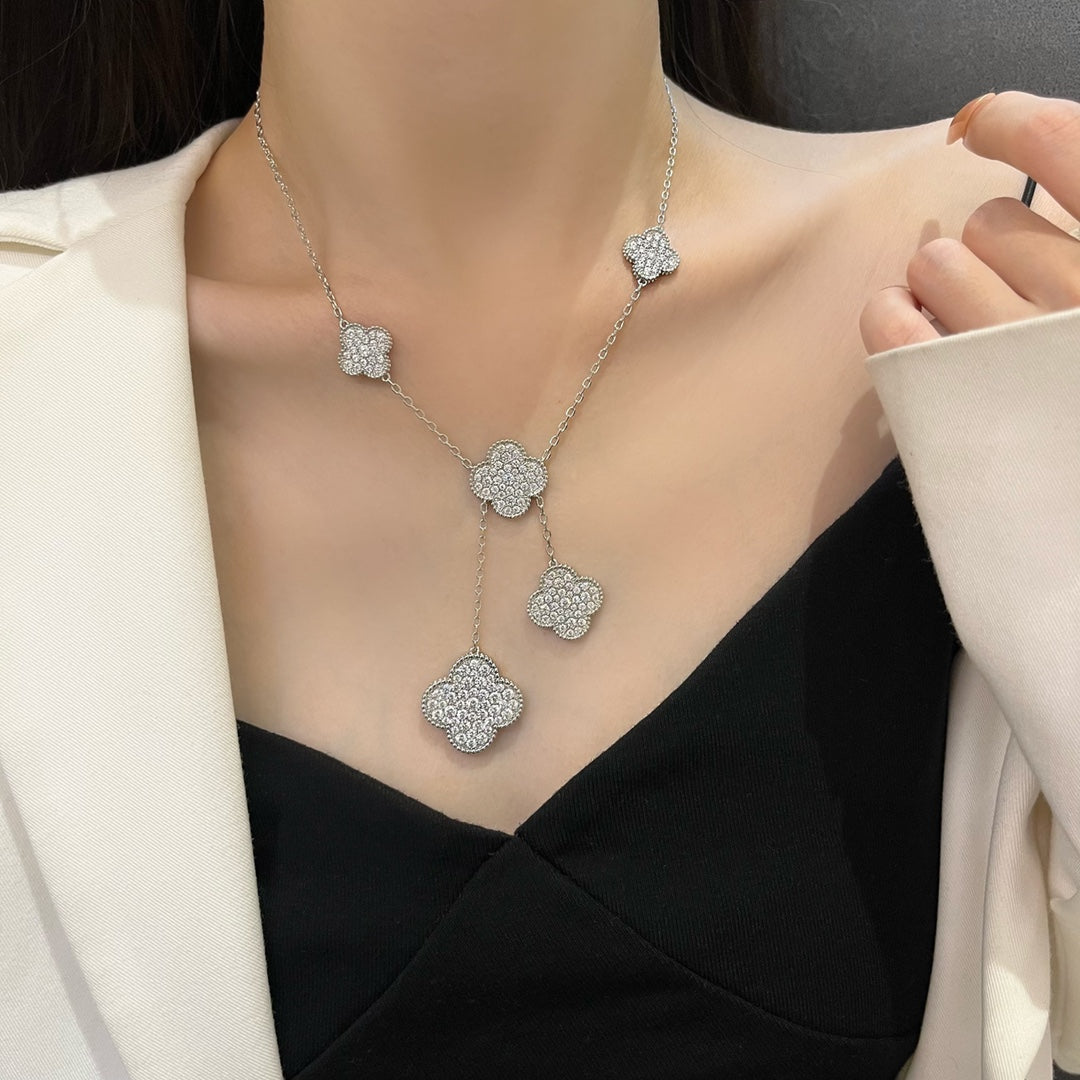 [⭐Hinora Jewelry]CLOVER 5 MOTIFS SILVER DIAMONDS NECKLACE