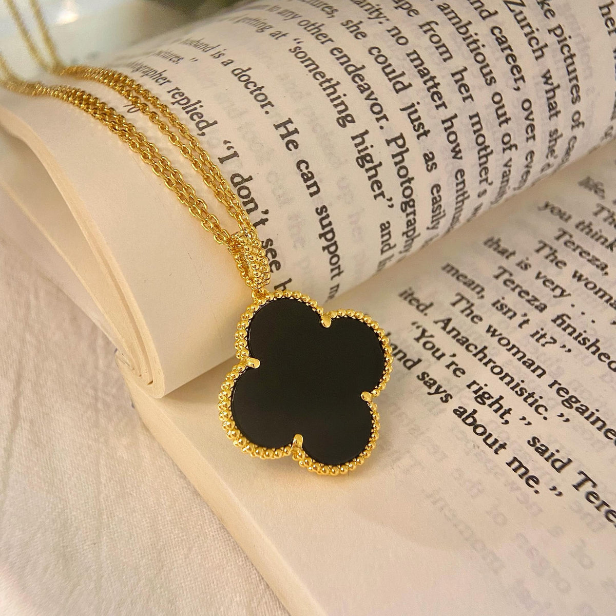 [⭐Hinora Jewelry]CLOVER 25MM NECKLACE GOLD ONYX