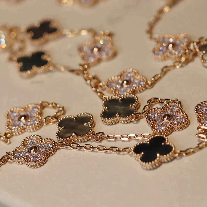 [⭐Hinora Jewelry]CLOVER 20 MOTIFS DARK MOP DIAMOND  NECKLACE