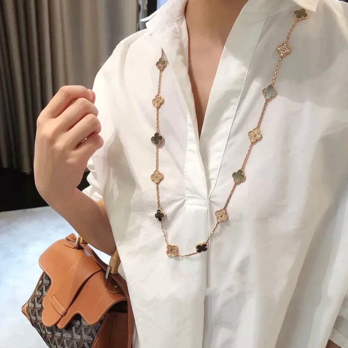 [⭐Hinora Jewelry]CLOVER 20 MOTIFS DARK MOP DIAMOND  NECKLACE