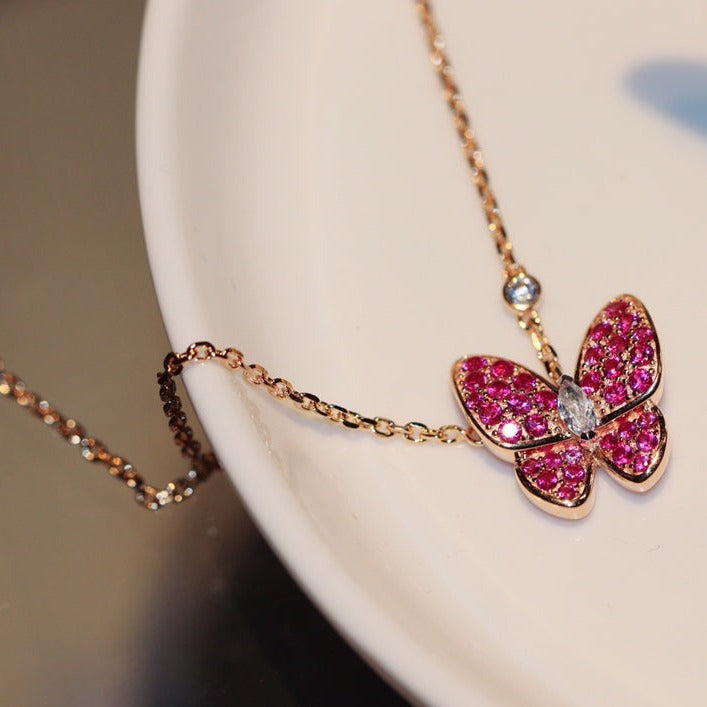 [⭐Hinora Jewelry]BUTTERFLY RED DIAMOND ROSE GOLD NECKLACE