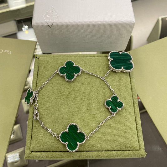 [⭐Hinora Jewelry]CLOVER 5 MOTIFS SIVLER MALACHITE BRACELET