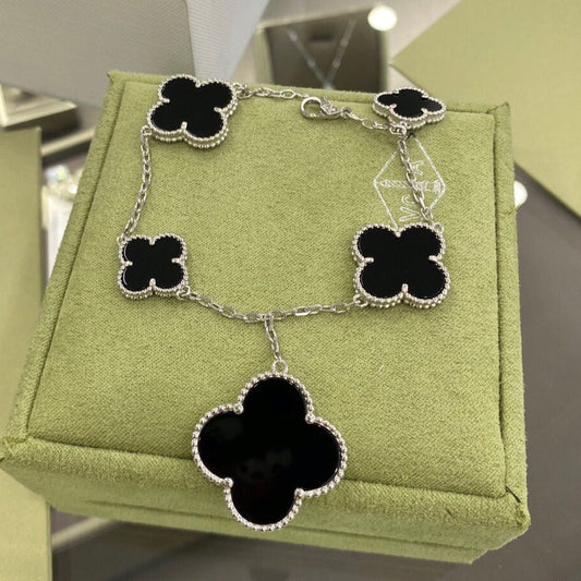 [⭐Hinora Jewelry]CLOVER 5 MOTIFS SIVLER ONYX BRACELET