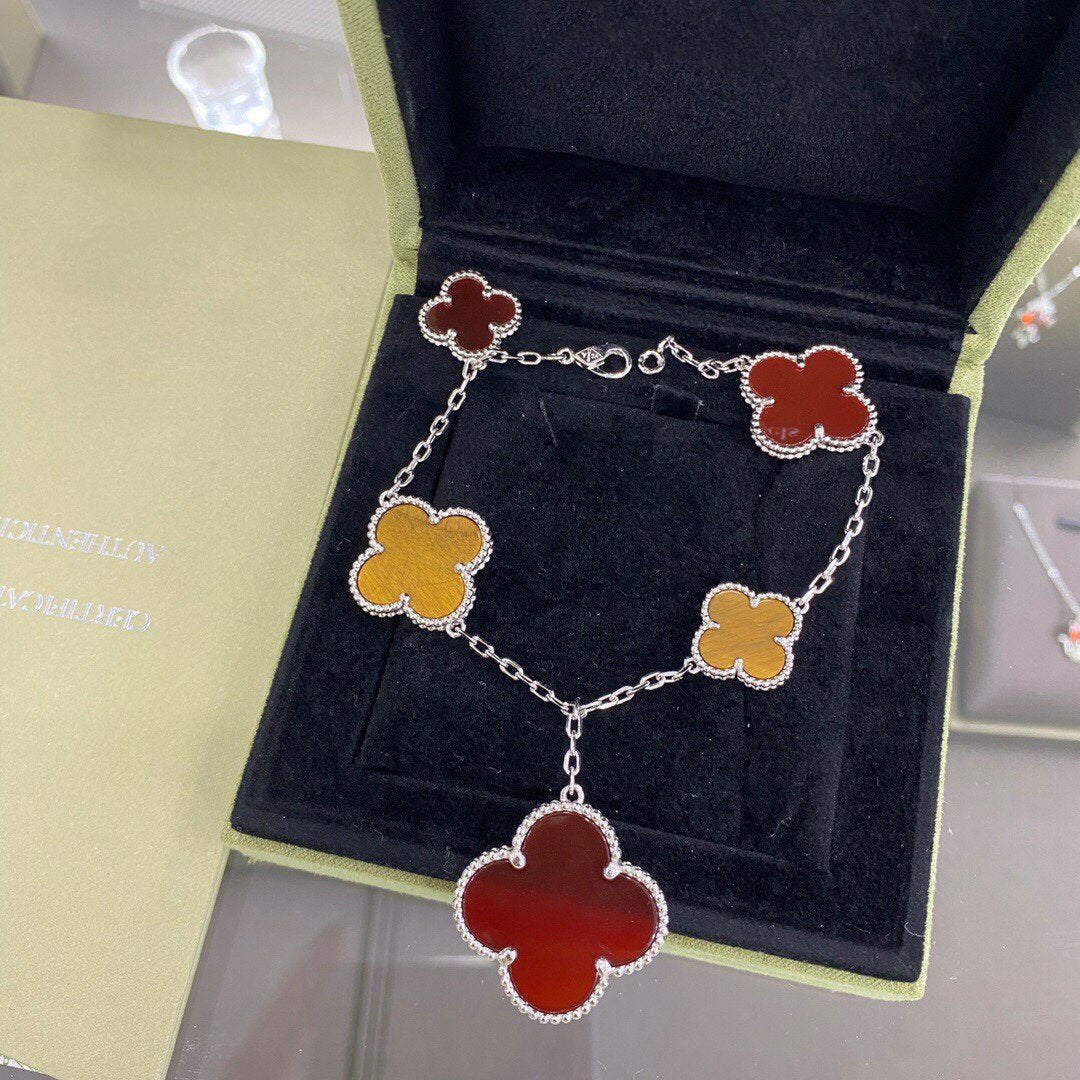 [⭐Hinora Jewelry]CLOVER 5 MOTIFS SIVLER CARNELIAN TIGER EYE BRACELET