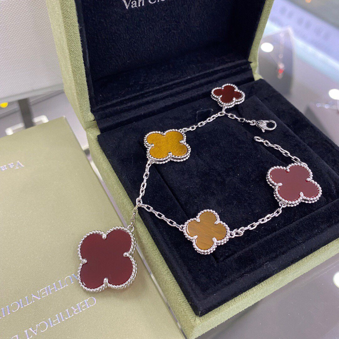 [⭐Hinora Jewelry]CLOVER 5 MOTIFS SIVLER CARNELIAN TIGER EYE BRACELET