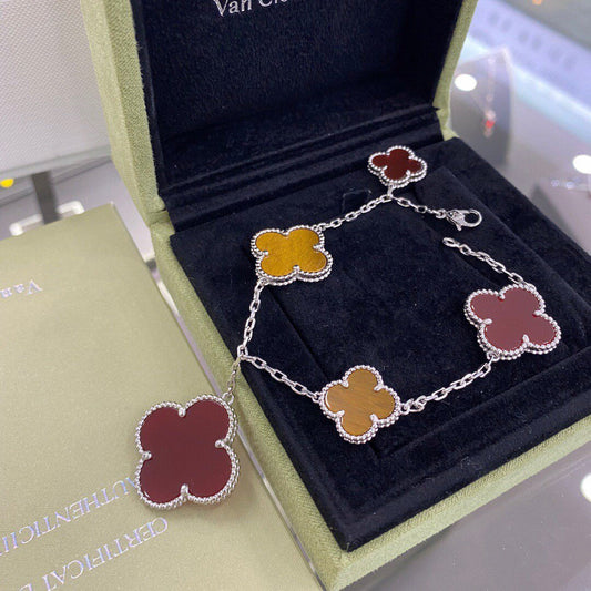[⭐Hinora Jewelry]CLOVER 5 MOTIFS SIVLER CARNELIAN TIGER EYE BRACELET