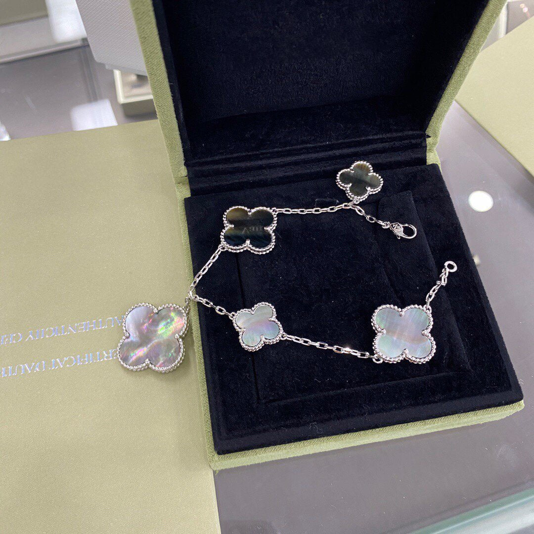 [⭐Hinora Jewelry]CLOVER 5 MOTIFS SIVLER DARK MOP BRACELET
