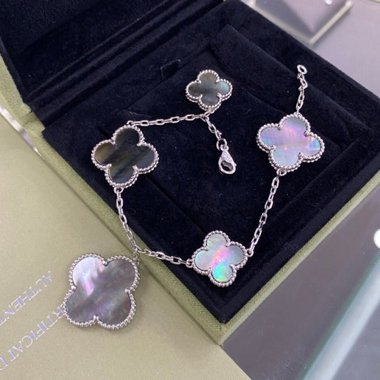 [⭐Hinora Jewelry]CLOVER 5 MOTIFS SIVLER DARK MOP BRACELET