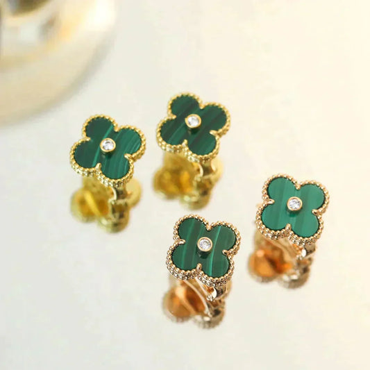 [⭐Hinora Jewelry]CLOVER MEDIUM 1 MOTIFS MALACHITE DIAMOND EARRINGS
