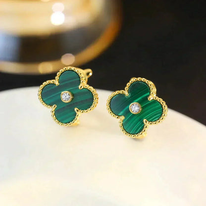 [⭐Hinora Jewelry]CLOVER MEDIUM 1 MOTIFS MALACHITE DIAMOND EARRINGS