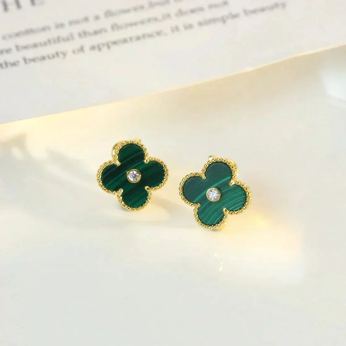 [⭐Hinora Jewelry]CLOVER MEDIUM 1 MOTIFS MALACHITE DIAMOND EARRINGS