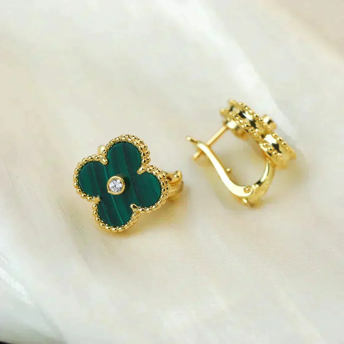 [⭐Hinora Jewelry]CLOVER MEDIUM 1 MOTIFS MALACHITE DIAMOND EARRINGS