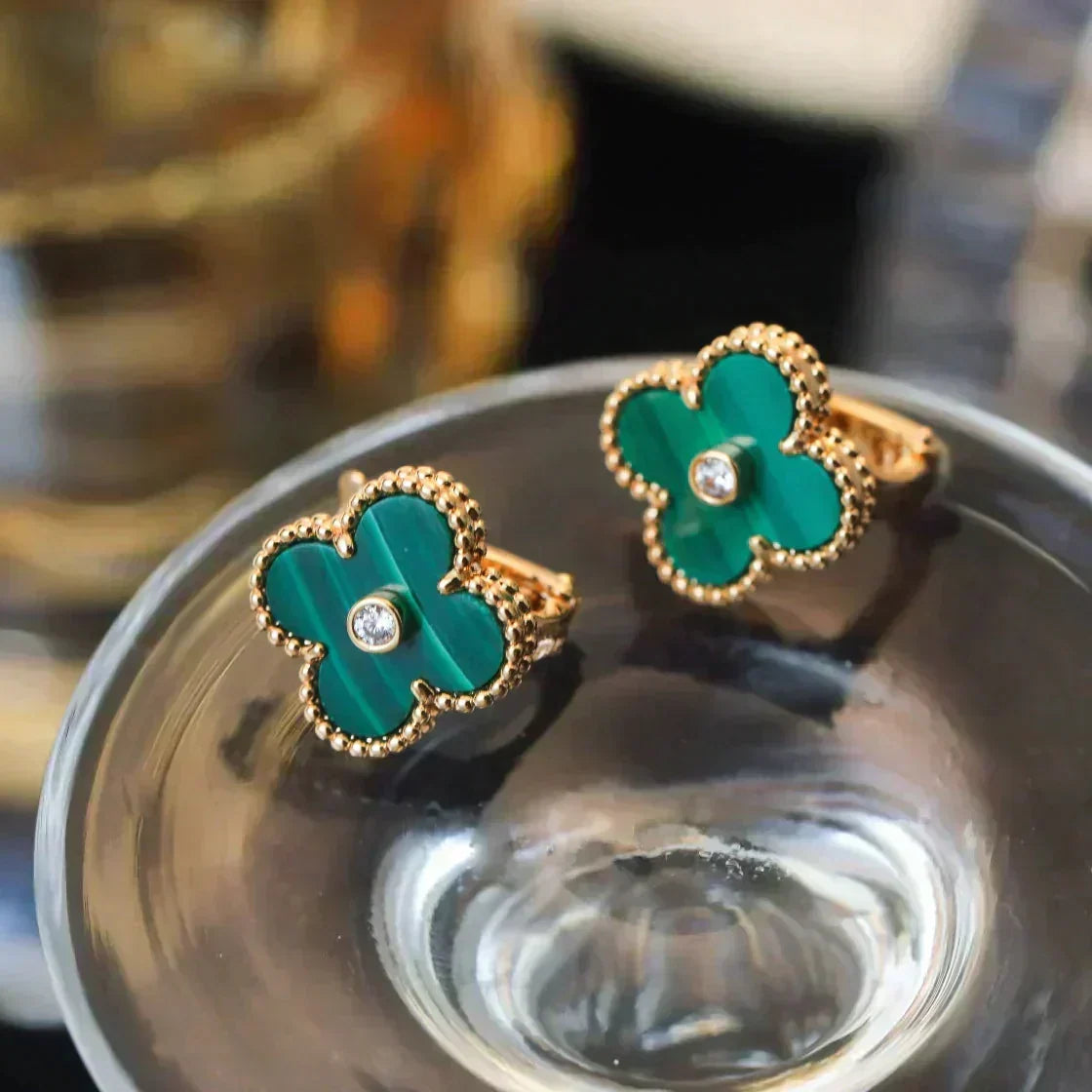 [⭐Hinora Jewelry]CLOVER MEDIUM 1 MOTIFS MALACHITE DIAMOND EARRINGS