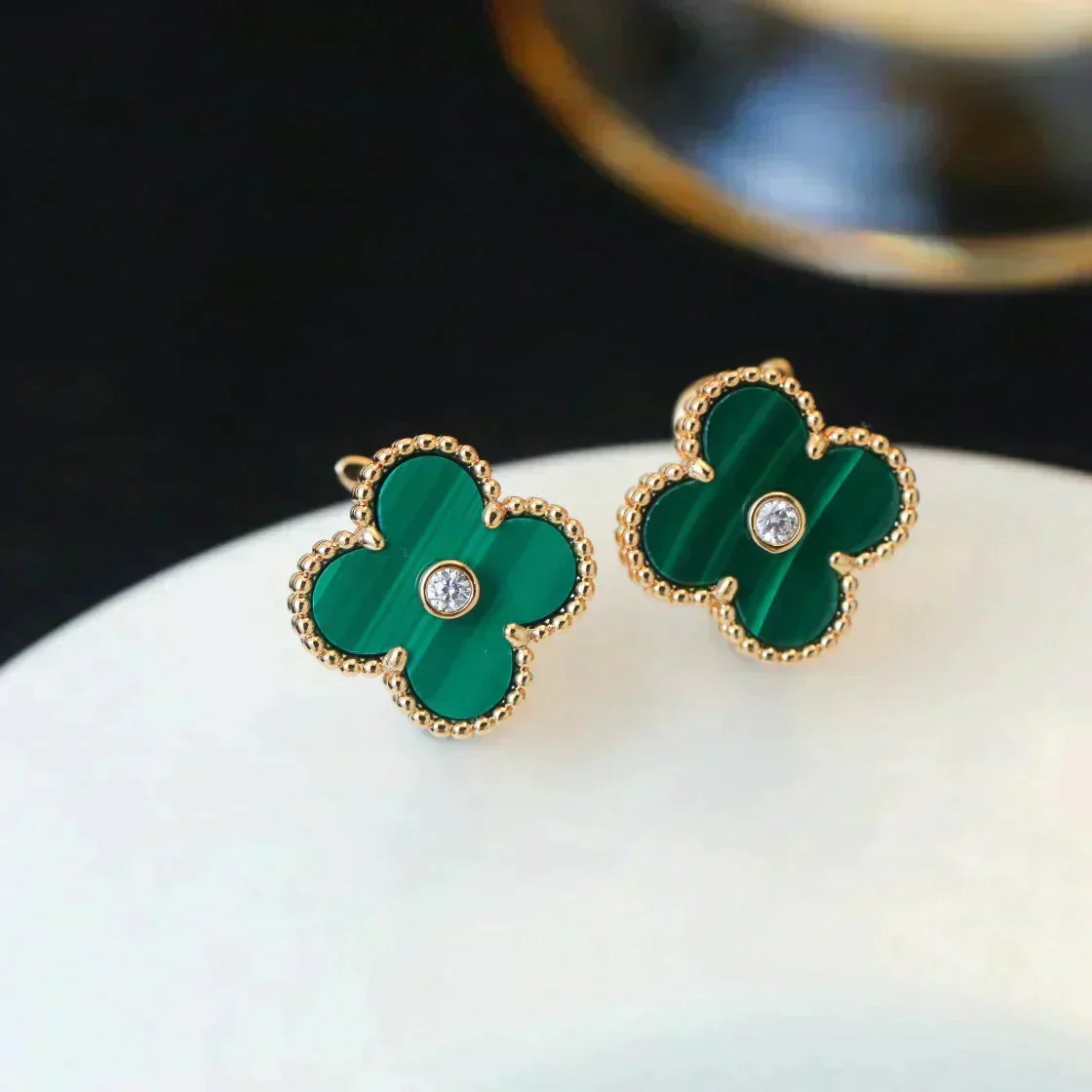 [⭐Hinora Jewelry]CLOVER MEDIUM 1 MOTIFS MALACHITE DIAMOND EARRINGS