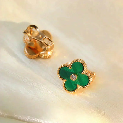 [⭐Hinora Jewelry]CLOVER MEDIUM 1 MOTIFS MALACHITE DIAMOND EARRINGS