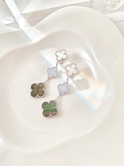 [⭐Hinora Jewelry]CLOVER 3 MOTIFS CHALCEDONY DARK MOP SILVER EARRINGS