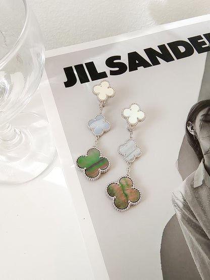 [⭐Hinora Jewelry]CLOVER 3 MOTIFS CHALCEDONY DARK MOP SILVER EARRINGS