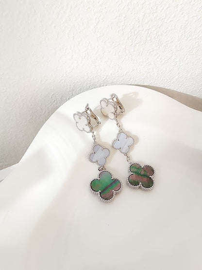 [⭐Hinora Jewelry]CLOVER 3 MOTIFS CHALCEDONY DARK MOP SILVER EARRINGS
