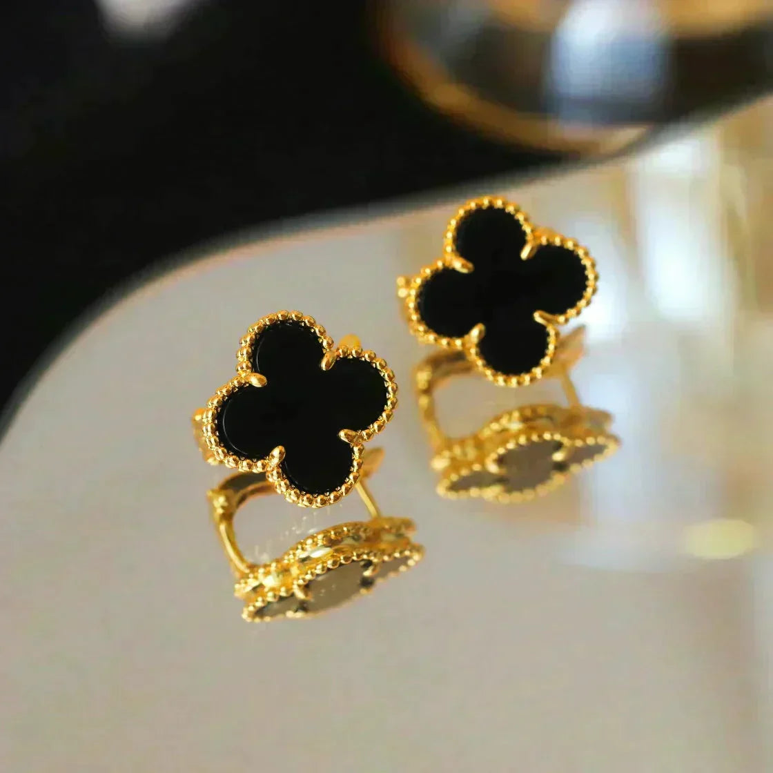 [⭐Hinora Jewelry]CLOVER MEDIUM 1 MOTIFS  ONYX STUD EARRINGS