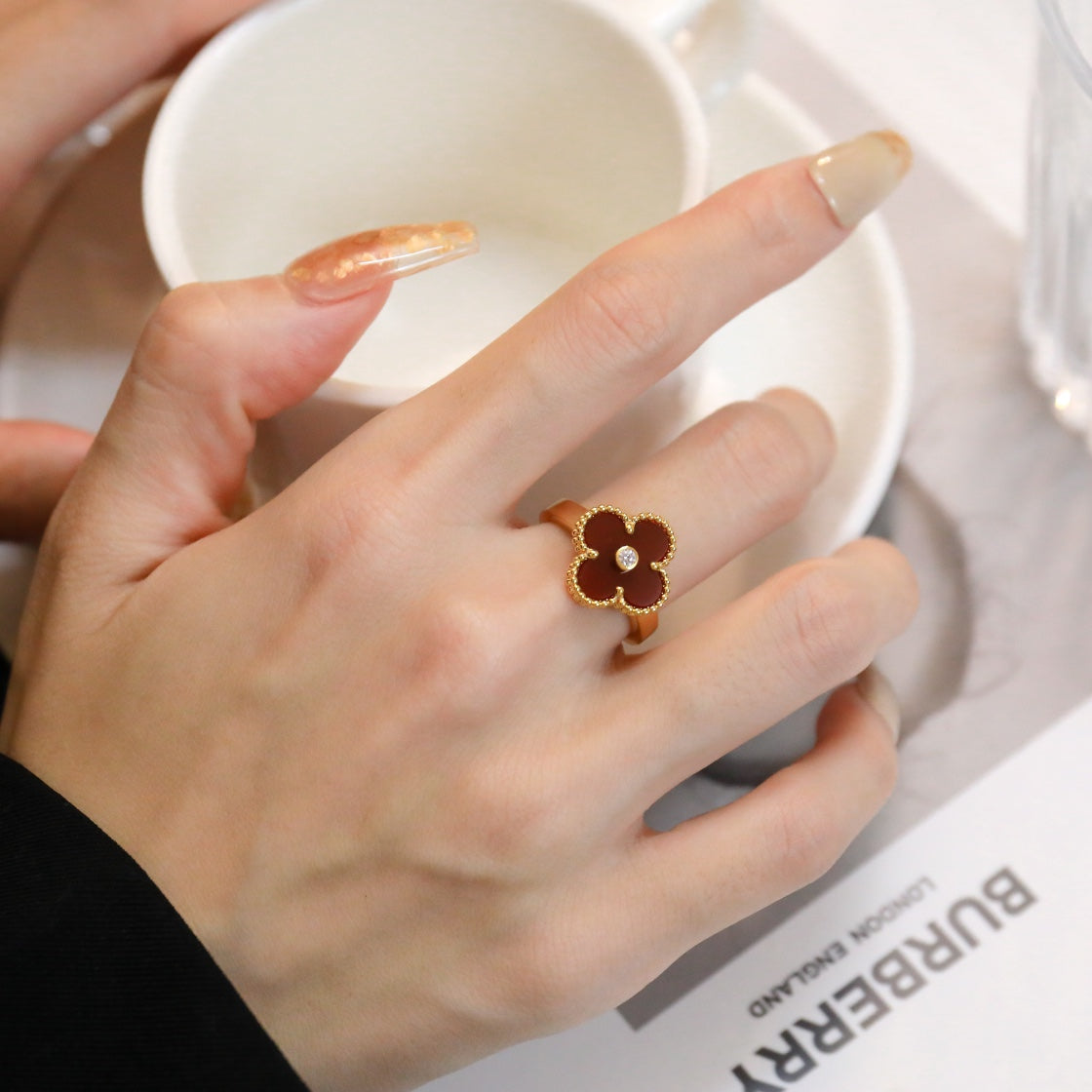 [⭐Hinora Jewelry]CLOVER CARNELIAN RING ROSE GOLD DIAMOND