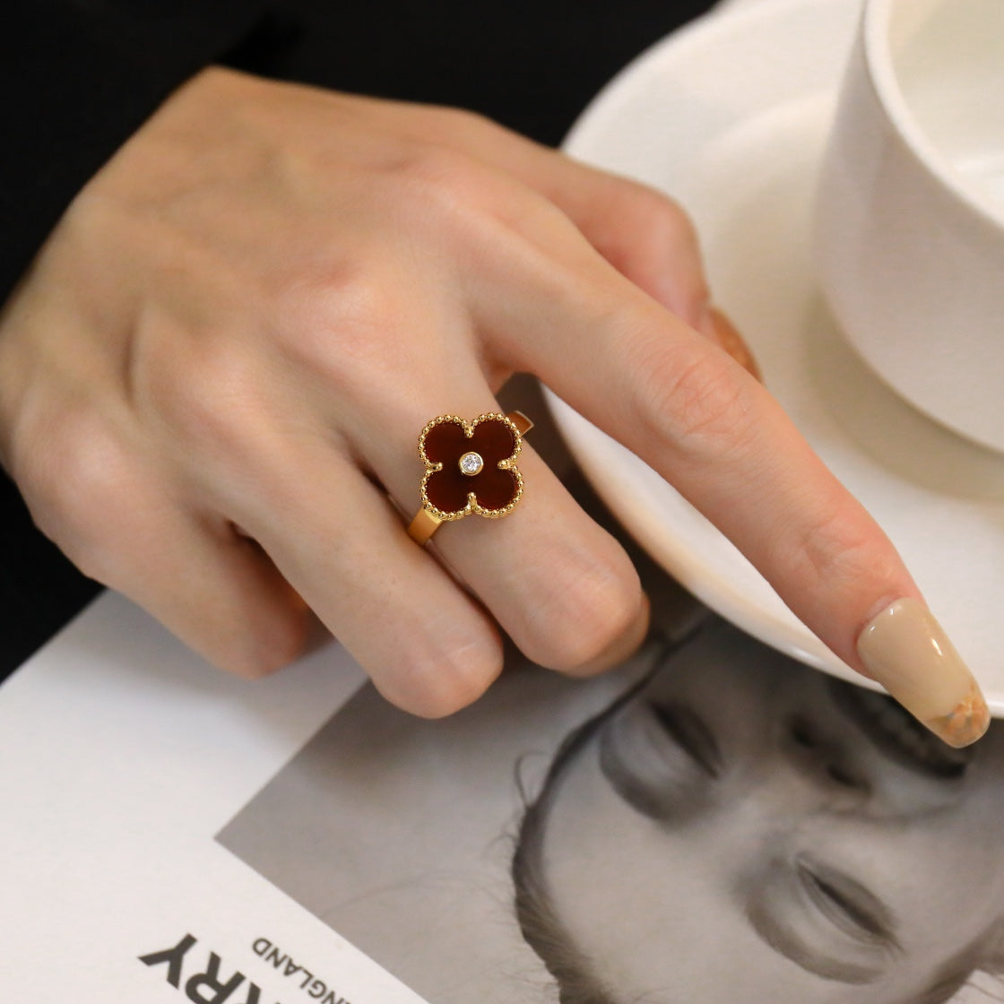 [⭐Hinora Jewelry]CLOVER CARNELIAN RING ROSE GOLD DIAMOND