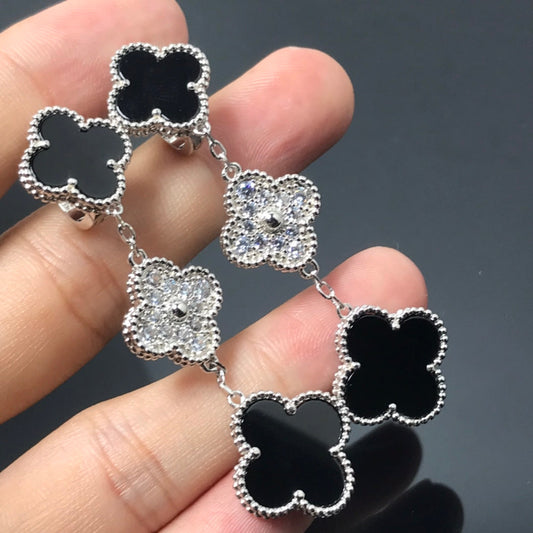 [⭐Hinora Jewelry]CLOVER 3 MOTIF DIAMOND ONYX SILVER EARRINGS