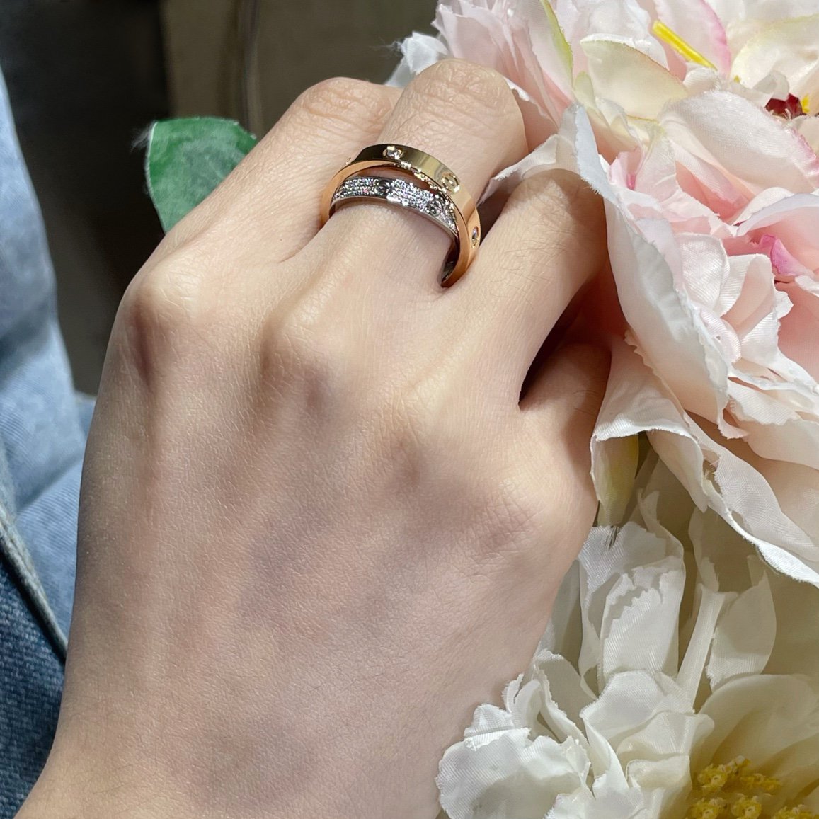 [⭐Hinora Jewelry]LOVE PINK GOLD SILVER DIAMOND DOUBLE RING
