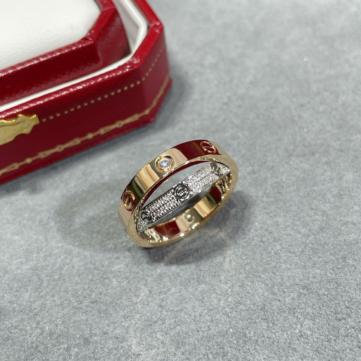 [⭐Hinora Jewelry]LOVE PINK GOLD SILVER DIAMOND DOUBLE RING
