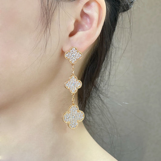 [⭐Hinora Jewelry]CLOVER 3 MOTIFS DIAMOND PAVED ROSE GOLD EARRINGS